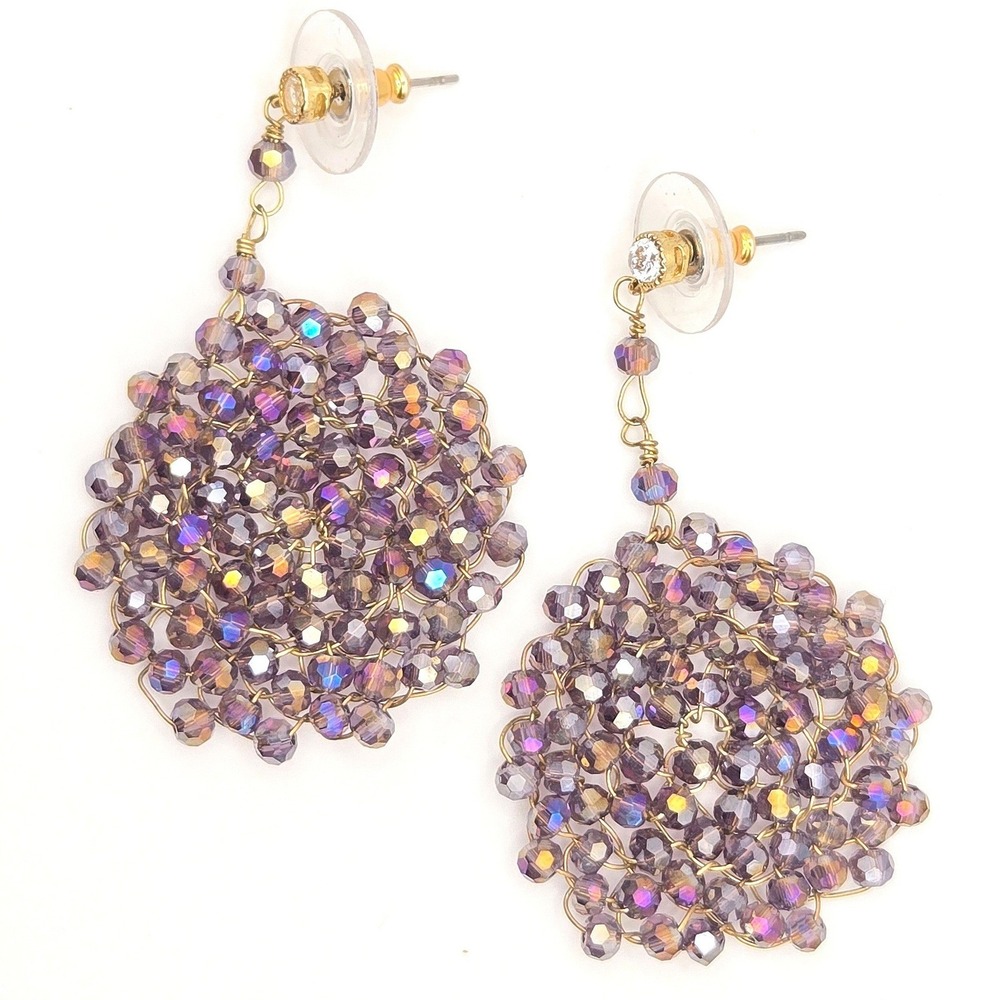 Purple Iridescent Crystal Wire Wrapped Drop Earrings Gold Tone Statement Jewelry